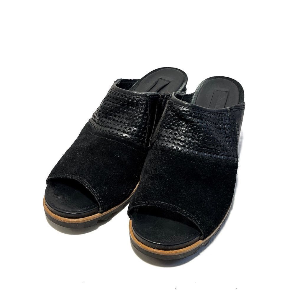 Sorel Joanie Black Suede and Laser Cut Leather Slide Mules - Picture 1 of 13